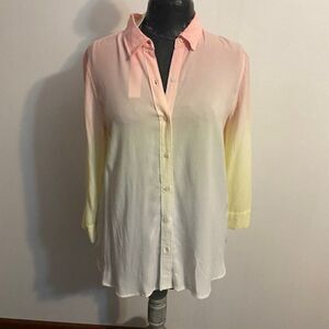 Intro. Pink/Yellow/White button-down 3/4 roll tab sleeves blouse, size S